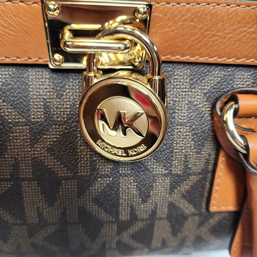 Michael Kors Hamilton Satchel Brown Monogram Canvas Tan Leather Gold Padlock Bag